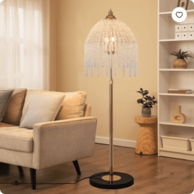 3-Light Elegant Crystal Floor Lamp  Vintage Waterfall Design With Cascading Crystal Beads And Marble Texture Base For Living Room, Bedroom, Or Office
