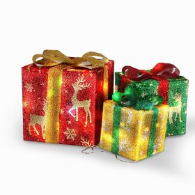 Set of 3 Christmas Lighted Gift Boxes Xmas Present Ornament 50 LED Christmas Box Decorations with Ribbon Bows IP44 Waterproof Battery Powered for Indo (Option: 3PcLightedGiftBoxDeer)